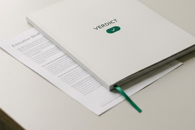 A slim bound Verdict report with an emerald checkmark pill on the cover and a ribbon bookmark, resting on a one-page executive brief