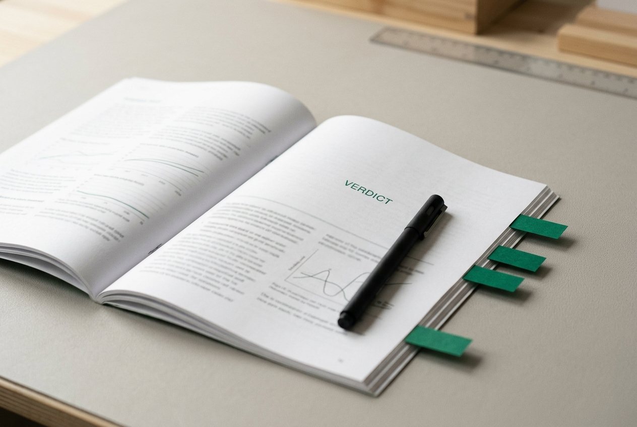 A slim research report lying open mid-review with emerald page markers and a fine-liner pen resting across a page
